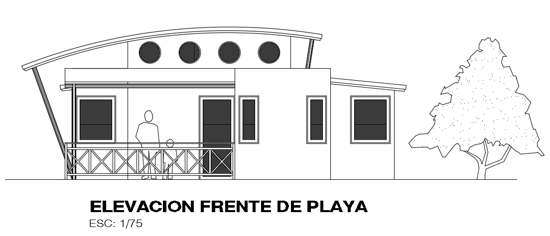 The front elevation view of the 8x7m architecture 2bhk house building 2d AutoCAD drawing