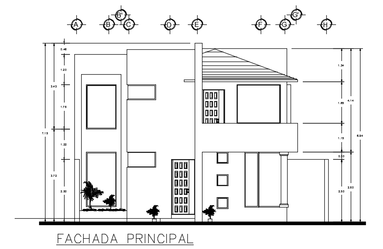 The front elevation view of the 8x7m house building CAD drawing