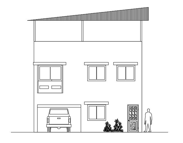 The front elevation view of the 8x8m house building drawing