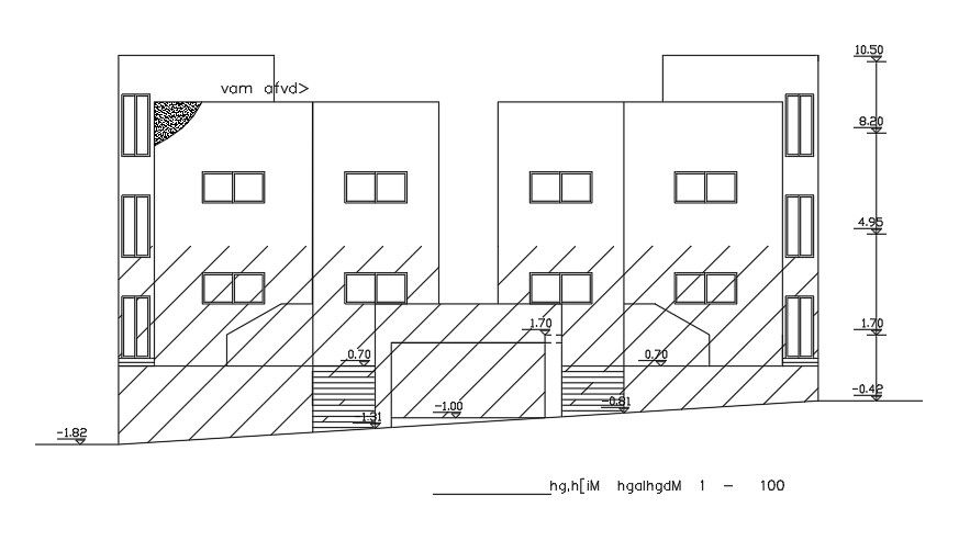 The front elevation view of the 9x13m house building CAD drawing