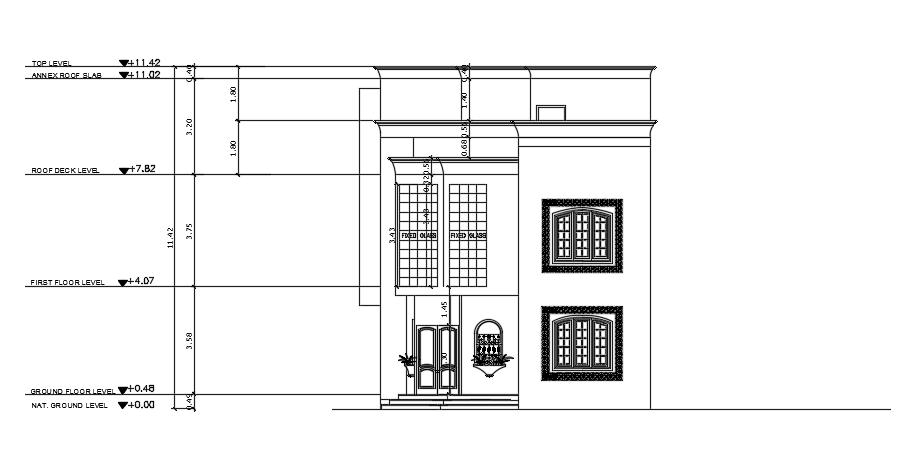 The front elevation view of the 9x23m architecture house building cad drawing