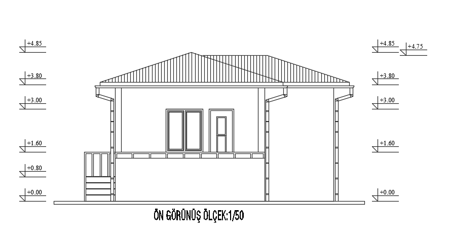 The front elevation view of the 9x7m bungalow house building drawing