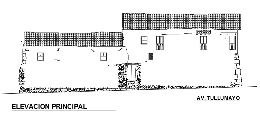 The front elevation view of the multifamily house building is given in this file