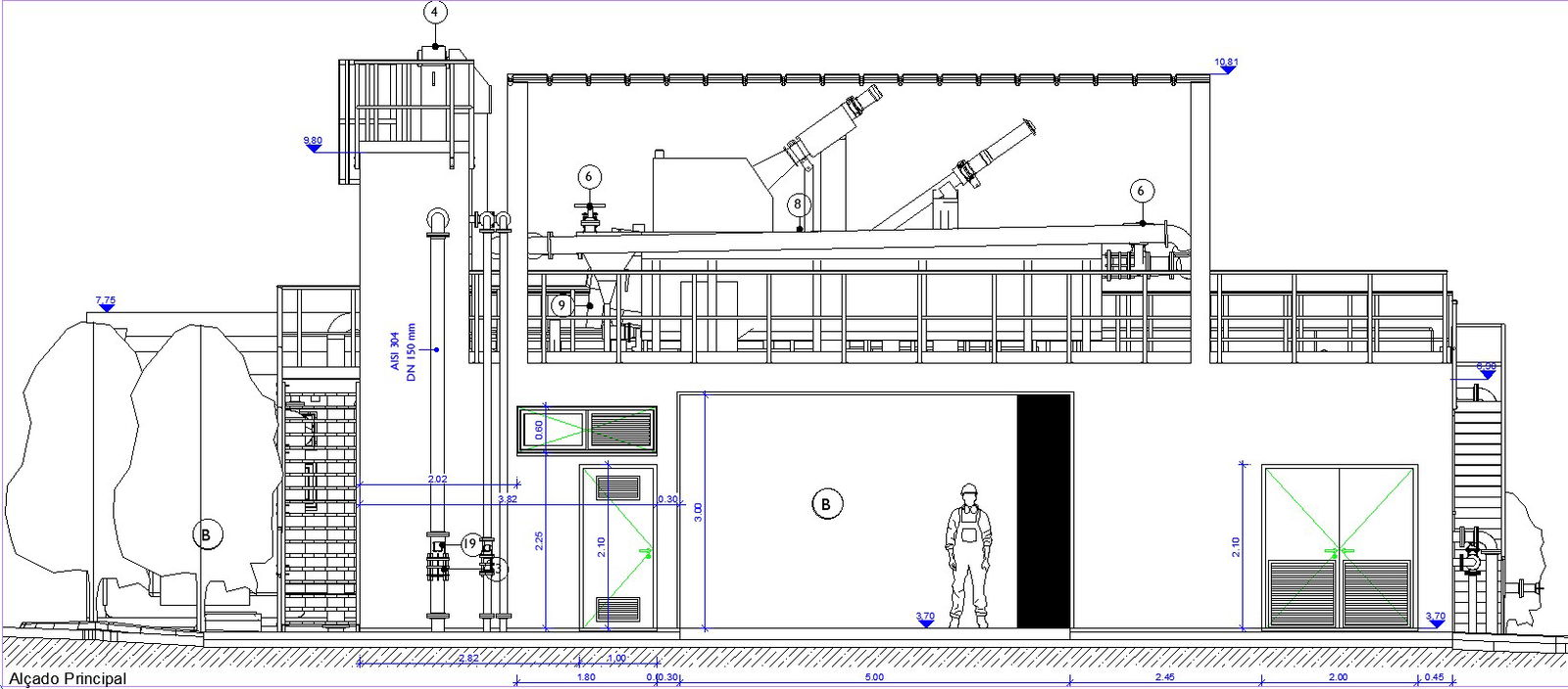 The front elevation view of the waste water treatment industrial building