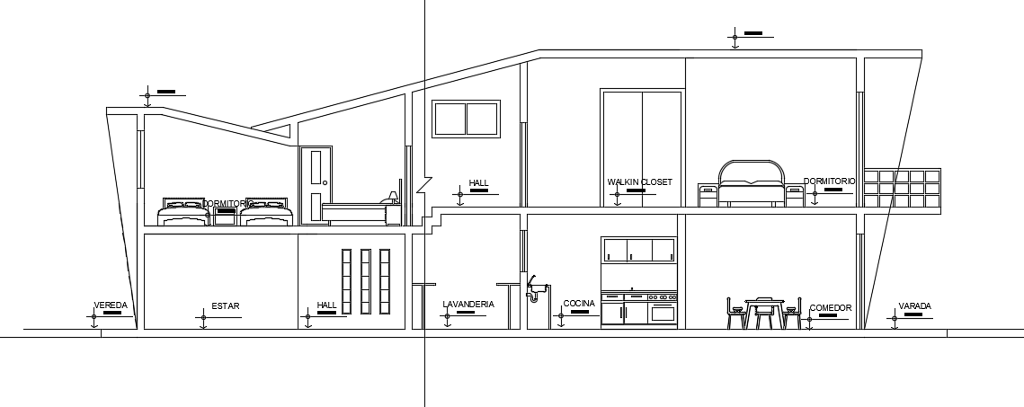 45x10 m House Front Left Cut Section CAD Drawing Blocks