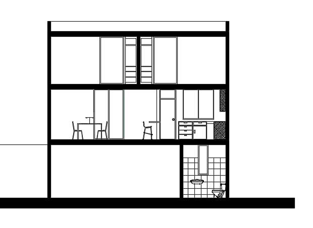 The front right cut section view of the 23x16m architecture triple duplex house building