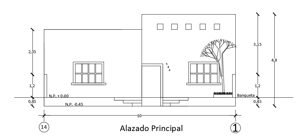 The front section view of the 10x25m house building