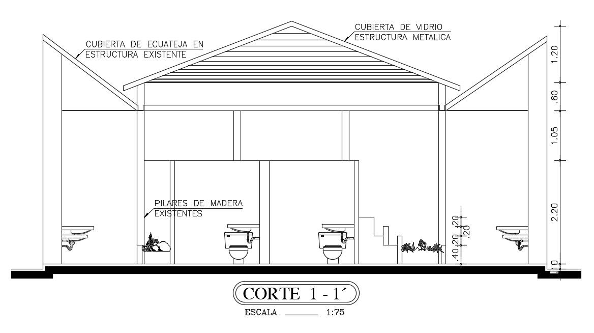 The front section view of the 10x7m bathroom is given in this AutoCAD drawing model. Download now.