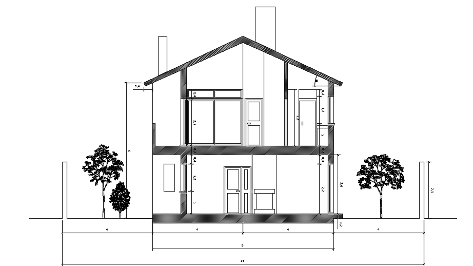 The front section view of the 10x8m architecture house building cad drawing