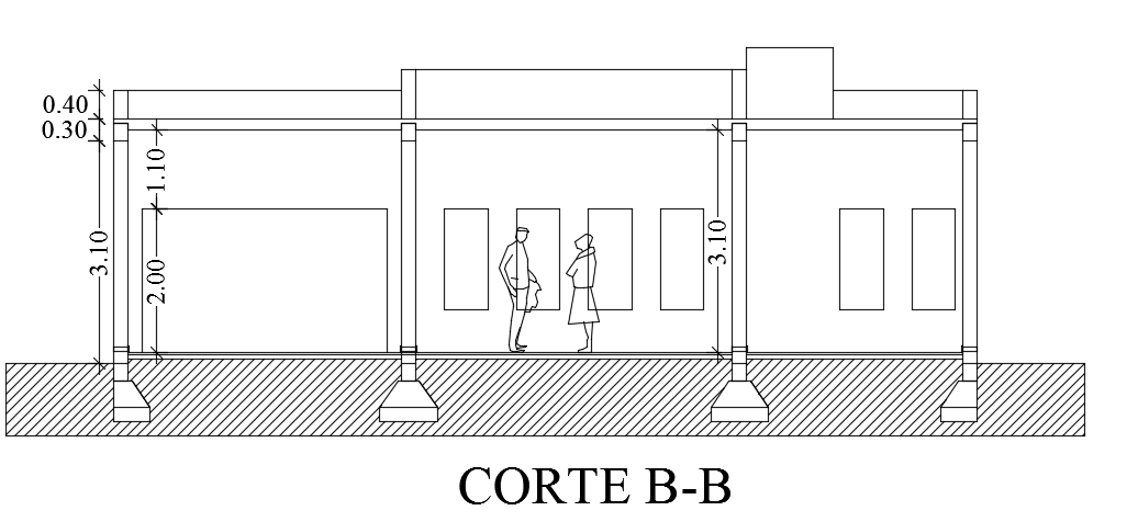 The front section view of the 11x19m single story 2bhk house building drawing