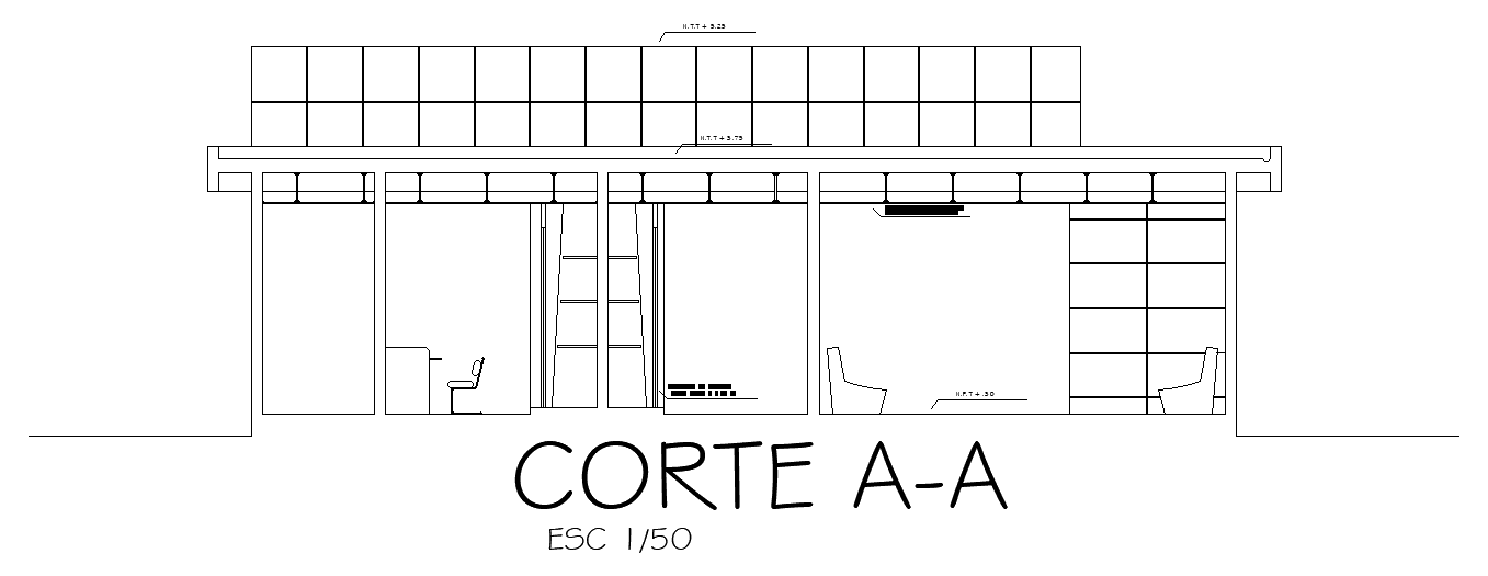 The front section view of the 126x54m hotel plan of the 22x13m admin office is given in this AutoCAD drawing model. Download now.