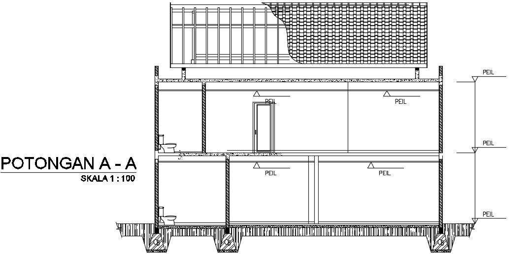 The front section view of the 12x13m duplex house building drawing
