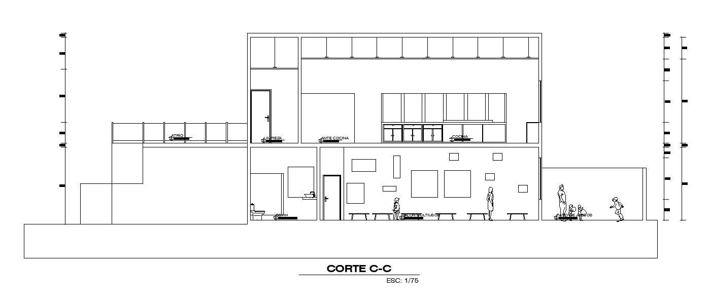 The front section view of the 12x20m club house restaurant dining area plan