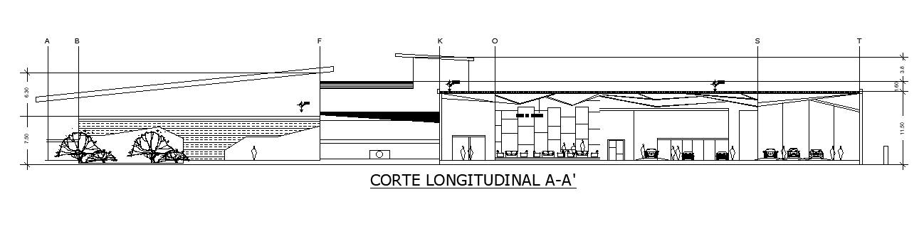 The front section view of the 147x103m office building CAD drawing