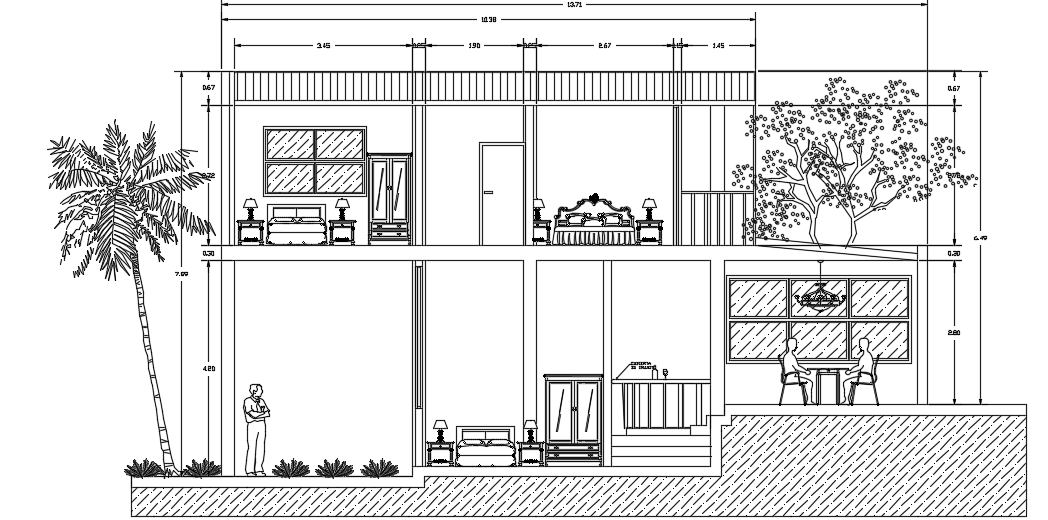 The front section view of the 14x23m single family house building