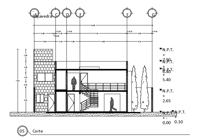 The front section view of the 15x0m house building CAD drawing