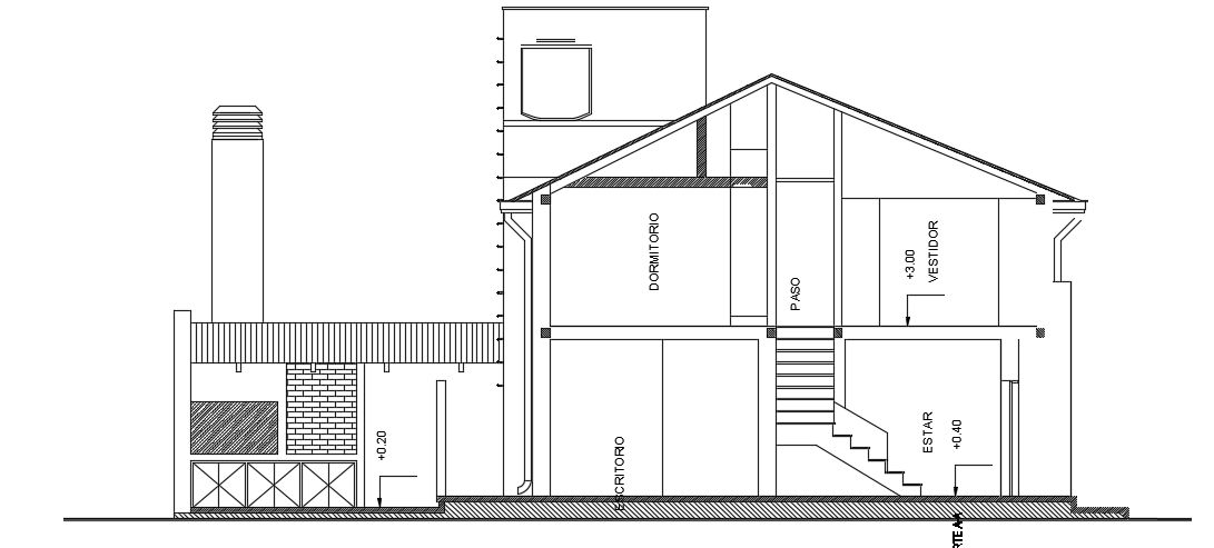 The front section view of the 15x13m architecture 3bhk house building cad drawing