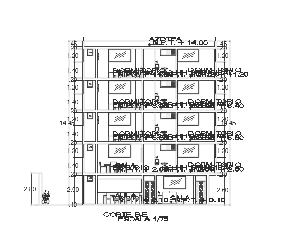 The front section view of the 15x15m multifamily house building