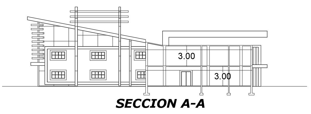 The front section view of the 16x20m administrative office is given in this AutoCAD drawing model. Download now.
