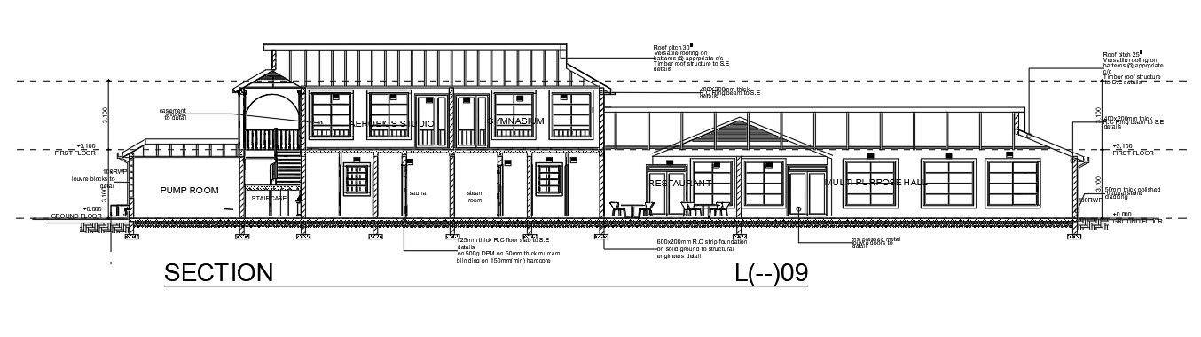 The front section view of the 16x7m gym is given in this AutoCAD drawing model. Download now.