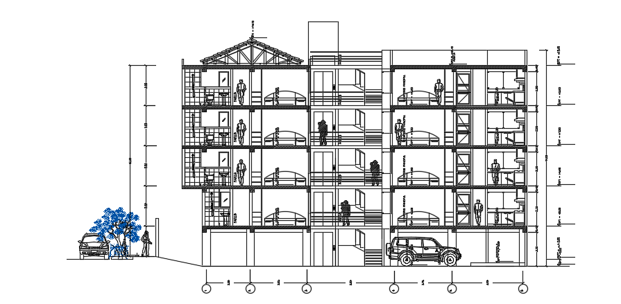 The front section view of the 20x12m five story apartment building drawing
