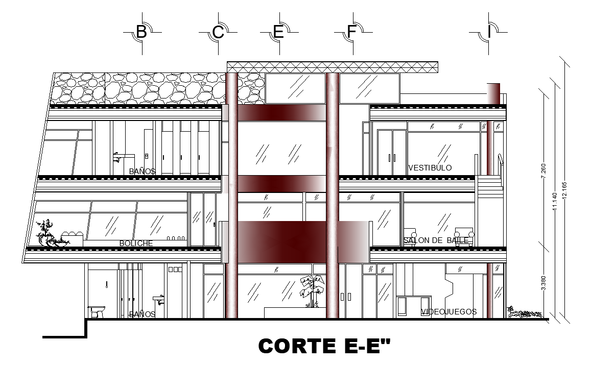 The front section view of the 20x18m clubhouse building is given in this AutoCAD drawing model.