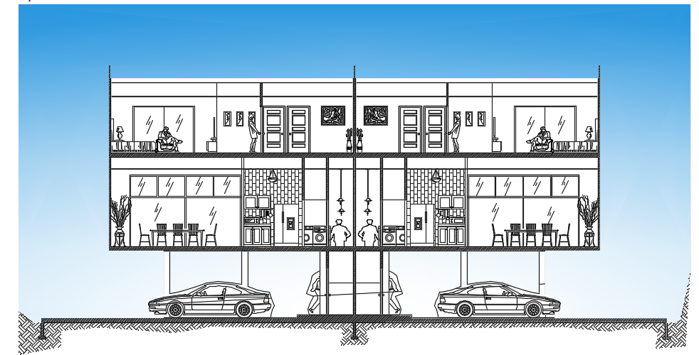 The front section view of the 22x19m faculty quarters building AutoCAD drawing