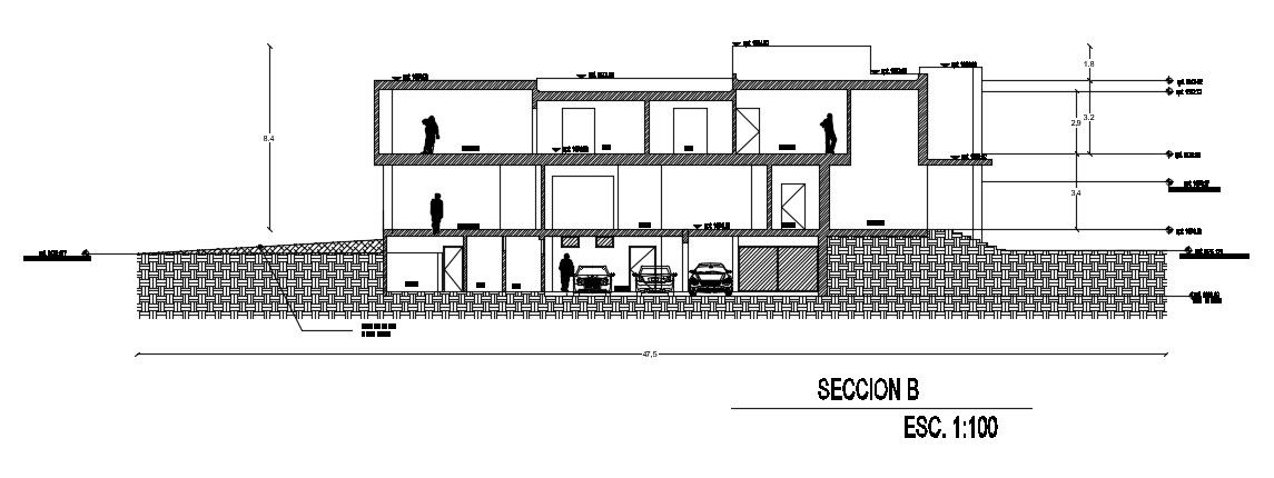 The front section view of the 26x50m house building is given in this AutoCAD drawing model. Download now.