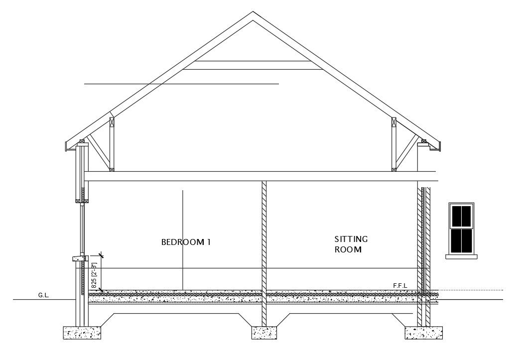 The front section view of the 27’x45’ villa building is given in this AutoCAD drawing model.