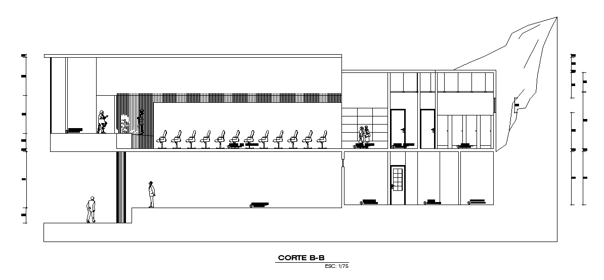 The front section view of the 30x15m club house event hall plan