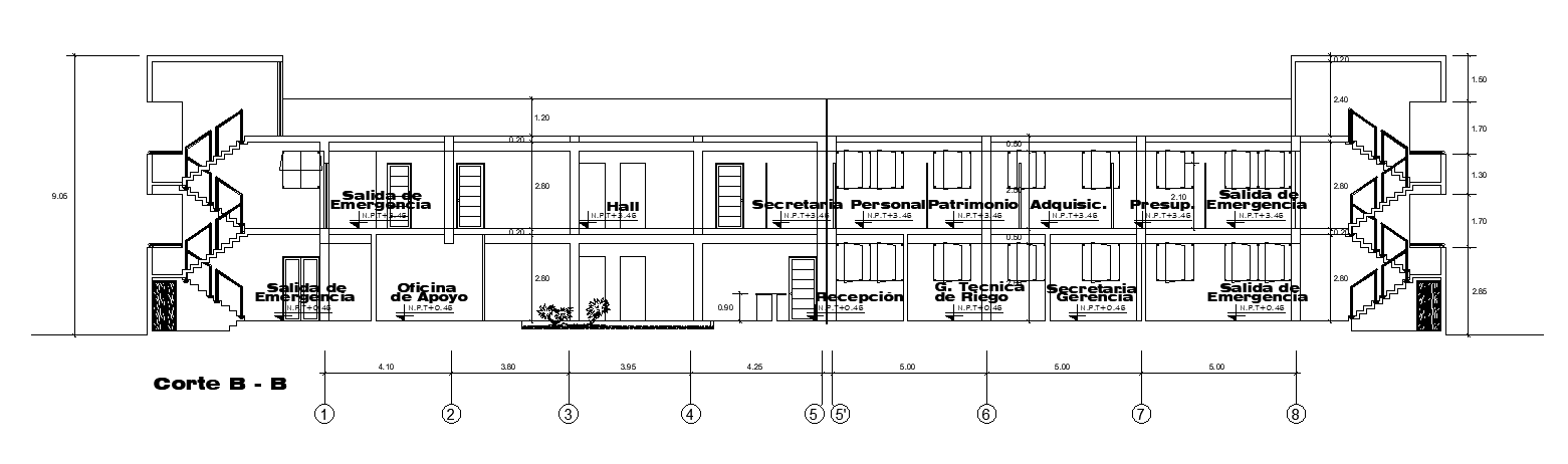The front section view of the 35x15m office building is given in this AutoCAD drawing file.Download now.