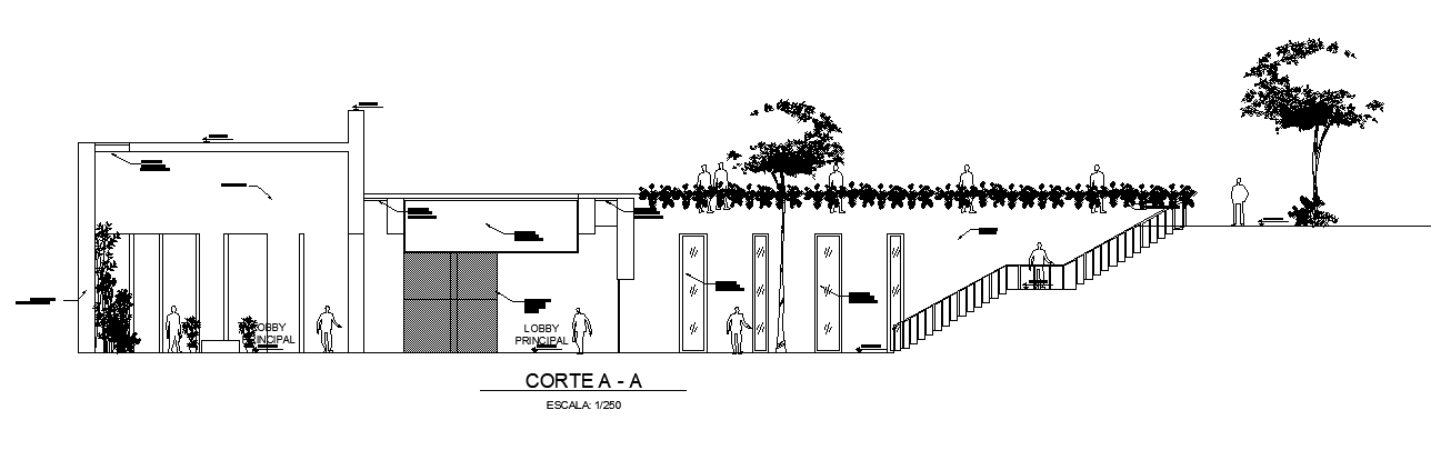 The front section view of the 40x42m college building is given in this AutoCAD drawing model. Download now.