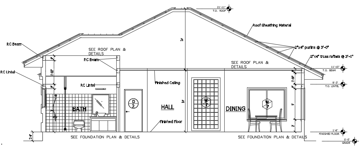The front section view of the 42’x45’ 2bhk house building drawing
