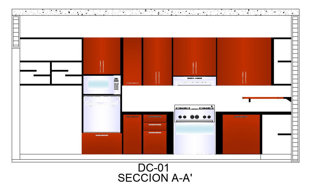 The front section view of the 5.4x4m kitchen is given in this AutoCAD drawing model. Download now.