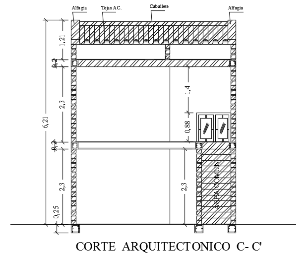 The front section view of the 5x10m house building AutoCAD drawing