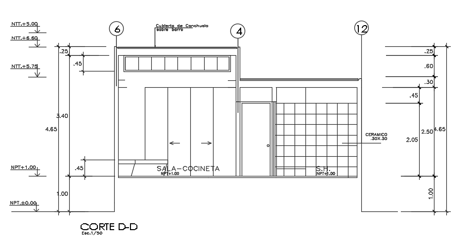 The front section view of the 6x8m architecture one story house building cad drawing