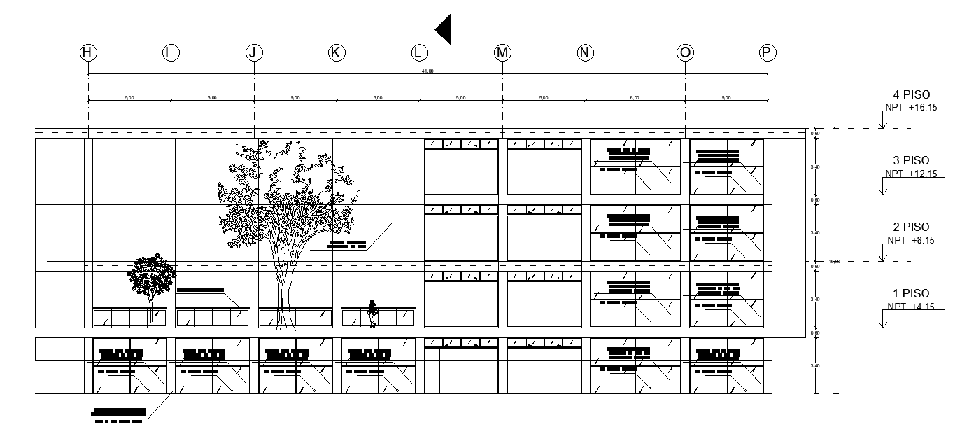 The front section view of the 77x48m library building is given in this AutoCAD drawing model. Download now.