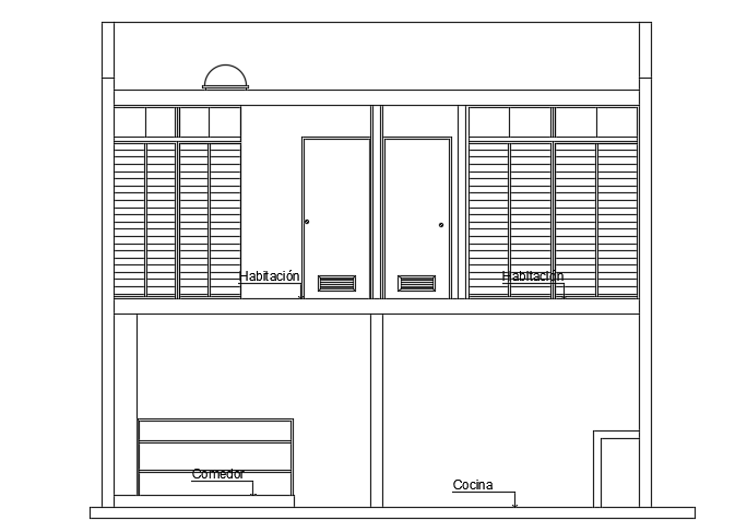 The front section view of the 7x9m simple two story building AutoCAD model