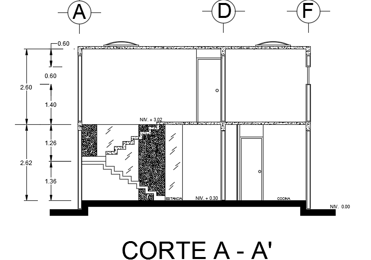 The front section view of the 8x11m two story house building cad 2d drawing