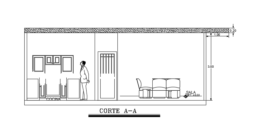 The front section view of the 8x13m 3bhk house building drawing