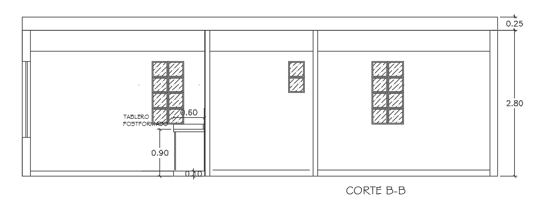 The front section view of the 9x6m architecture 2bhk house building cad drawing