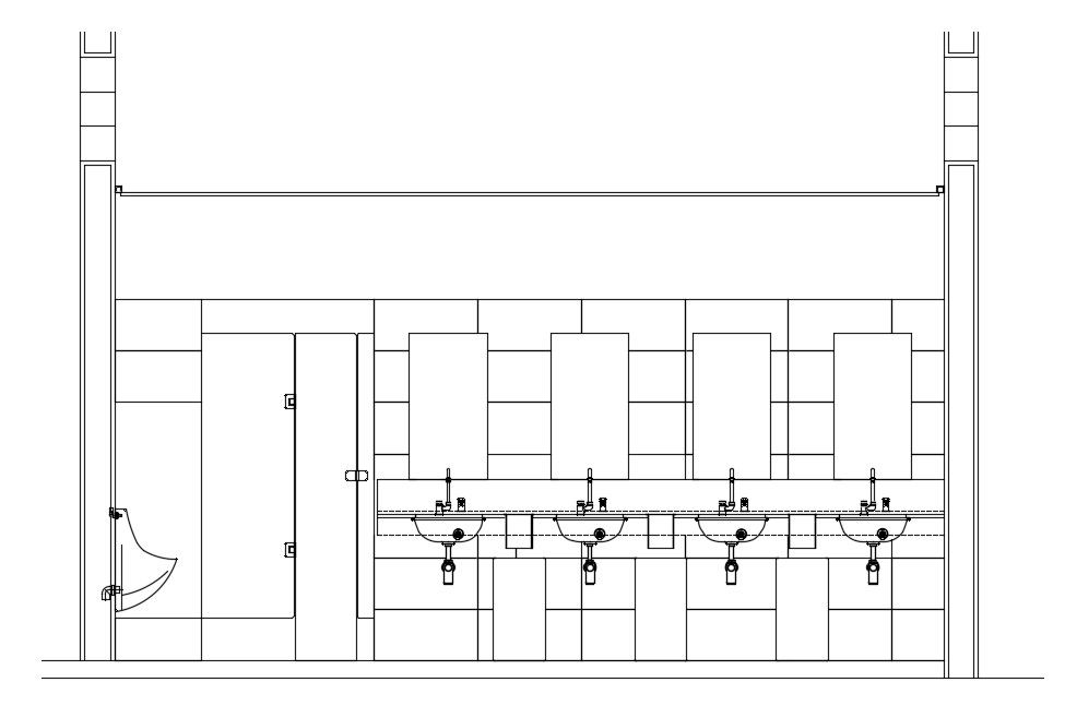 The front section view of the 9x8m office toilet building is given in this AutoCAD drawing model.