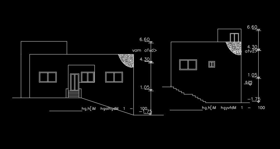 The front side and left side elevation view of the 13x8m house building AutoCAD drawing
