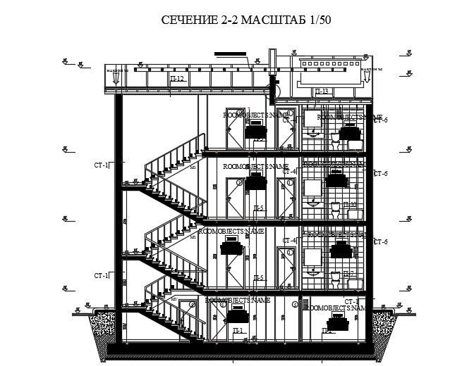 The front side cut section view of the 12x14m house building CAD model