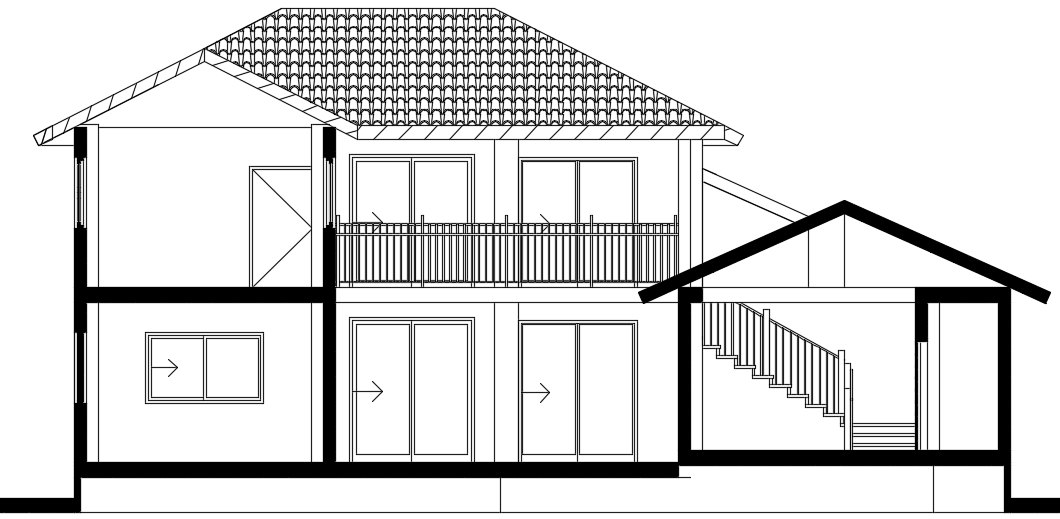 The front side cut section view of the 15x13m house building AutoCAD drawing