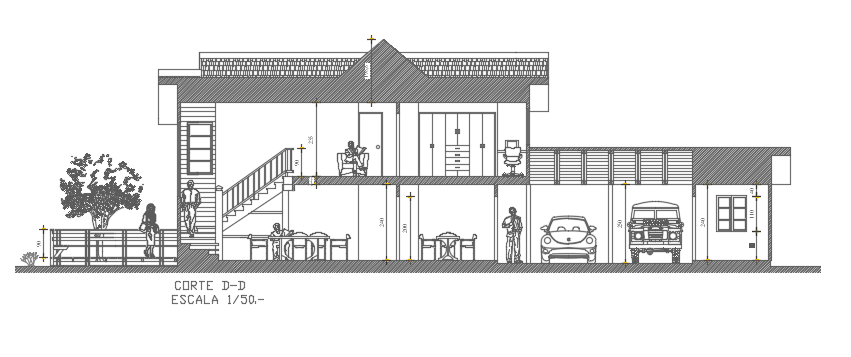 The front side cut section view of the 23x12m house building
