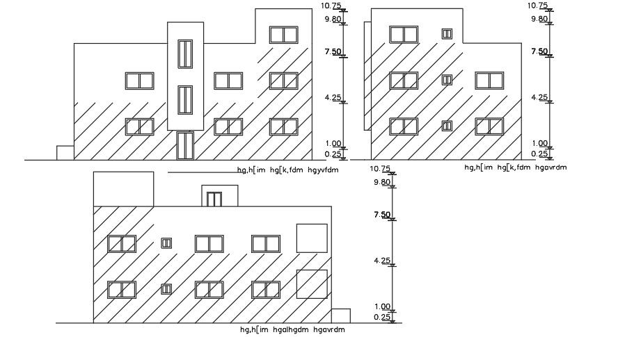 The front side elevation view of the 17x11m house building drawing