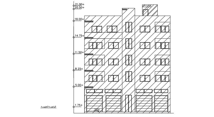 The front side elevation view of the 17x17m house building