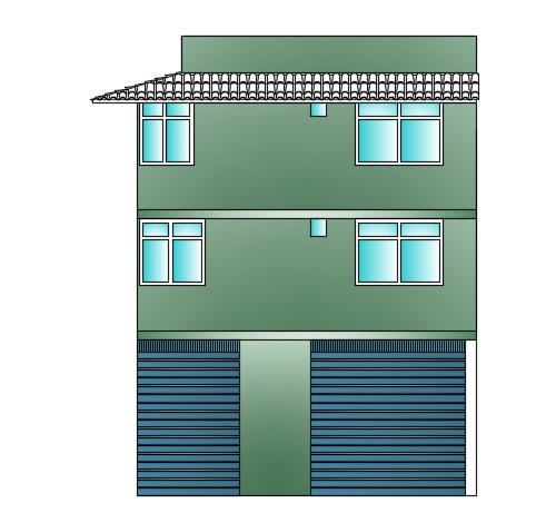 The front side elevation view of the 8x11m house building