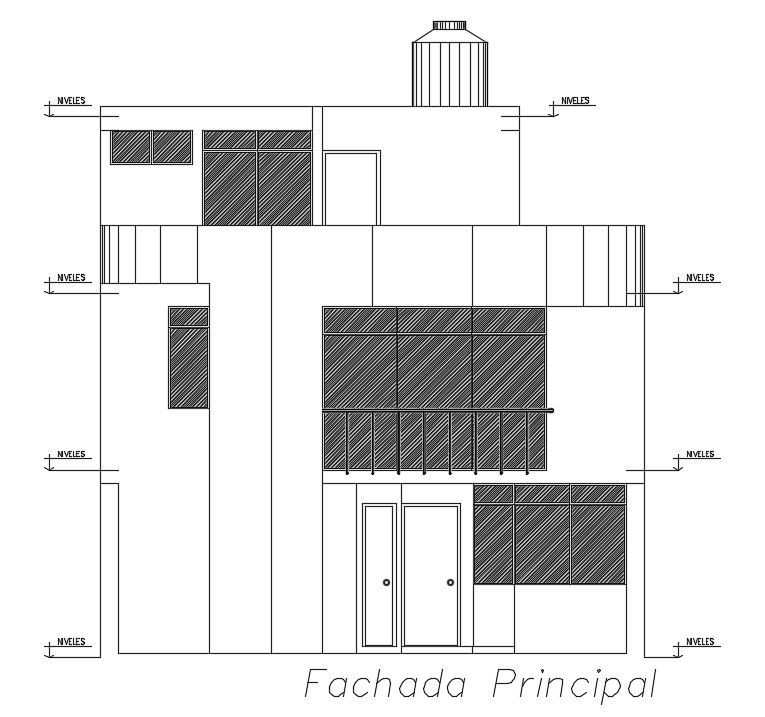The front side elevation view of the 8x30m house building has been given in this AutoCAD drawing model.